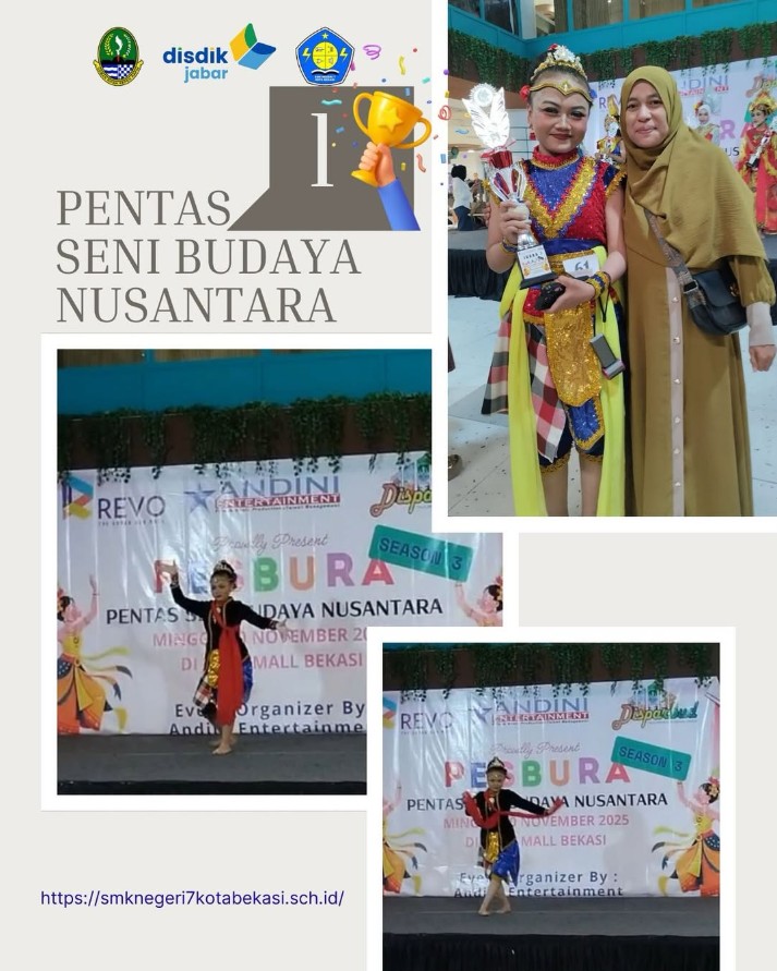 Siswa SMKN 7 Kota Bekasi, Gendhis dari kelas XI AK 3, berhasil meraih Juara 1 dalam Kategori Tunggal tingkat SMA & SMK pada ajang Pentas Seni Budaya Nusantara di Revo Mall Bekasi.