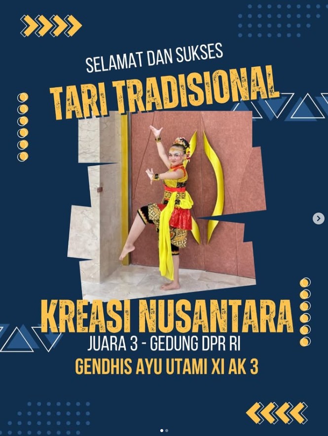 Selamat untuk Gendhis Ayu Utami XI Ak 3atas pencapaian Juara 3 di ajang Tari Tradisional Kreasi Nusantara di Gedung DPR RI 🎉🇮🇩